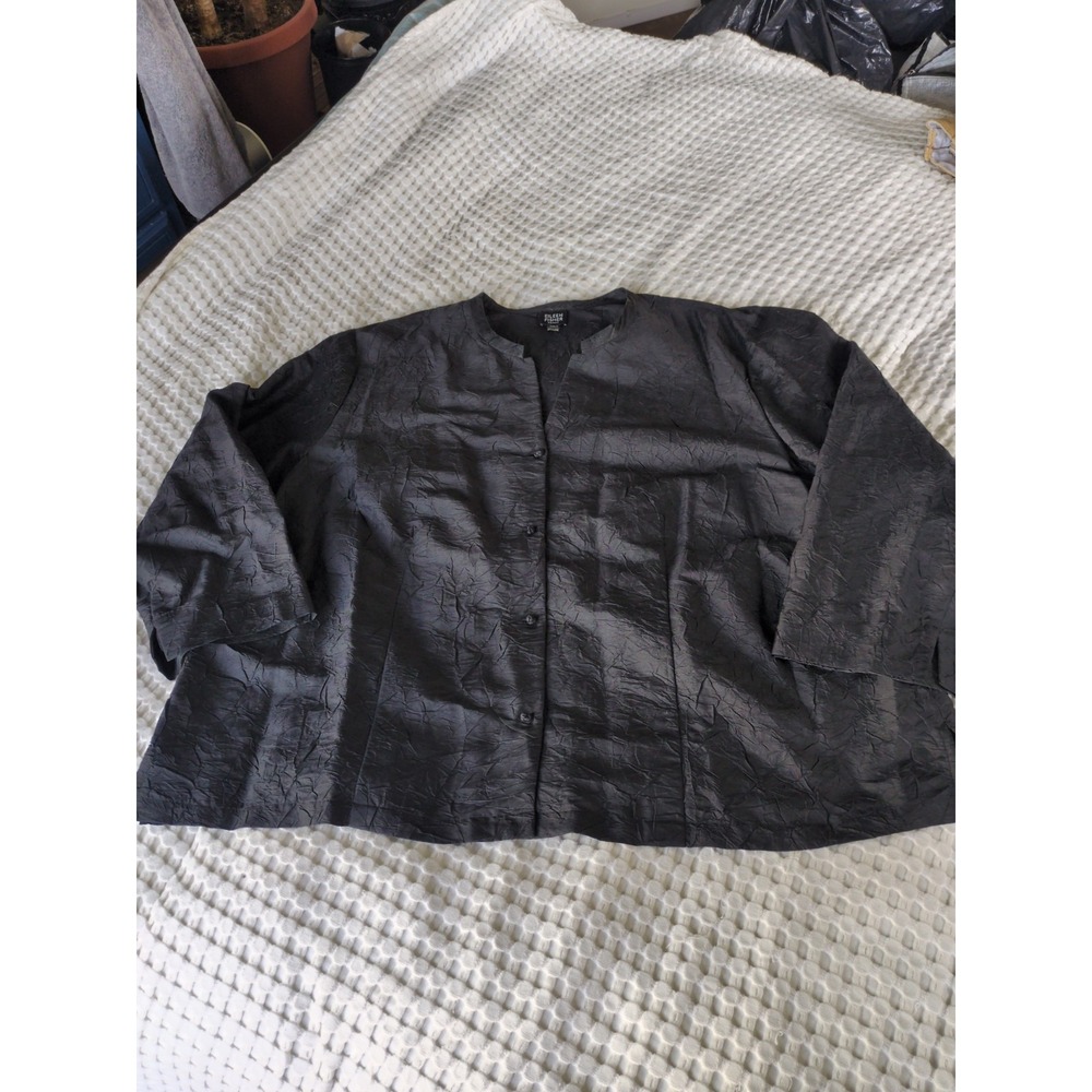 Eileen Fisher Silk Crinkle Lightweight Jacket Button Up V Neck Sz 3X 3/4 Sleeves